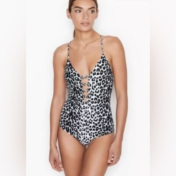 Victoria's Secret White Leopard Plunge One Piece Swim Suit S - Picture 1 of 7
